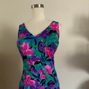 Vintage 60s 70s Maxine of Hollywood One Piece Bathing Suit with Abstract Florals Pink, Purple, and Blue; 60s Neon Swimsuit Plunging Neckline