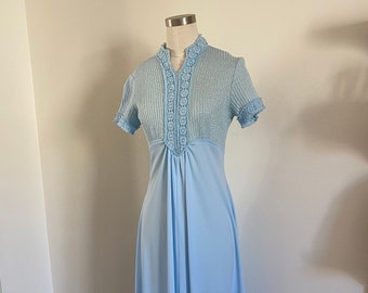 Vintage 60s Mod Knit Pastel Blue Polyester Maxi Dress Crochet Details; 1960s Bold Blue Fit & Flare Pleated Empire Knit Maxi Dress M L