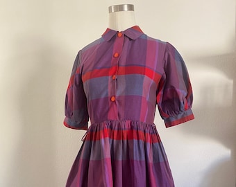 Vintage 70s Rainbow Colorblock Plaid Fit and Flare Dress with Wingtip Collar; 50s Rainbow Cotton Checkerboard Plaid Dress M