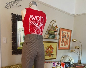 Vintage 70s High Waisted Brown, Yellow, and White Houndstooth Pants Wide Flare; 70s Unisex Bell Bottoms Polyester Pants with Checkered Print