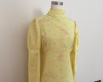 Vintage 60s Mod Daisy Bold Floral Maxi Dress with Empire Waistline;  70s Bohemian Pale Yellow Cottage Core Maxi Dress with Pink Ditsy Floral