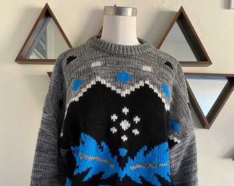 Vintage 80s Oversized Geometric Tribal Marled Sweater; 80s Chunky Knit Crewneck Sweater with Geometric Print