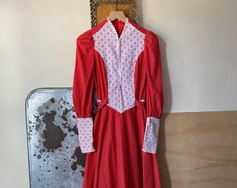 Vintage 70s Swiss Dot Cottagecore Prairie Maxi Dress with Lace Sleeves; 70s Bohemian Red Tiered Maxi Dress with Ruffled Skirt Bib Blouse XS