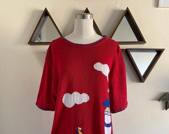 Vintage 80s Novelty Kitschy Pullover Sailing Embroidery Short Sleeve Dress/Sweater L; 80s Quacker Factory Red Cloud Scenery Novelty Sweater