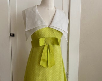 Vintage 60s Lime Green Polka Dot Cotton Maxi Dress with Dramatic Collar; 60s Citron Maxi Dress with Sailor Collar and Tiered Ruffle Skirt M