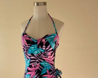 Vintage 70s 80s Windmills Swimwear One Piece Bathing Suit Tropical Marijuana Leaf Print; 70s Sarong Swimsuit with Ruched Bust XS