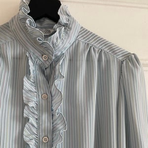 Vintage 70s Pastel Pinstriped Long Sleeve Ruffled Blouse; 80s Ruffled Rainbow Pinstriped Long Sleeve Blouse with Jabot Collar M
