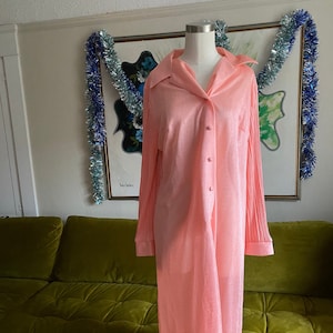 Vintage 60s Coral Micro Pleated Sheer Maxi Dress Amazing Long Sleeves; 70s Spring Pleated Sleeves Coral Nightgown Button Front L