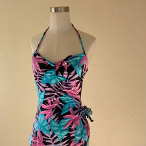 Vintage 70s 80s Windmills Swimwear One Piece Bathing Suit Tropical Marijuana Leaf Print 70s Sarong Swimsuit with Ruched Bust XS image 1