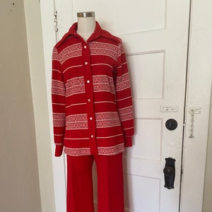 Vintage 60s 70s Abstract/Geometric Bold Horizontal Striped Mod Polyester Matching Set 60s 70s Coordinating Set 60s Retro Pantsuit Red S M image 2