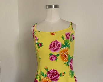 Vintage 60s 70s One Piece Yellow Bathing Suit with Abstract Florals Pink, Orange, & Green; 70s Mini Tank Dress Swimsuit with Flared Skirt M