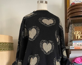 Vintage 80s Black Gold Chunky Lurex Knit Novelty Heart Oversized Sweater Plus; 80s Frederick's of Hollywood Tinsel Holiday Sweater Dress OS