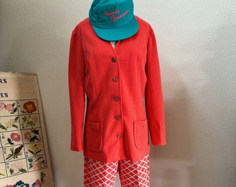 Vintage 70s Bold Polka Dot Tomato Red White Mod Matching Set with Blazer, Skirt, & Flared Pants; 70s Coordinating Set; 60s Retro Pantsuit