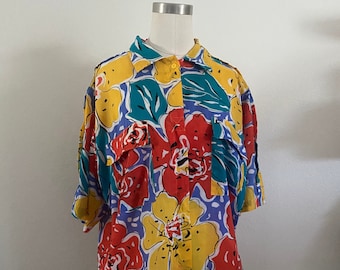 Vintage 80s Sportswear Blouse with Floral Print; 80s Resort Sport Abstract Floral Oversized Summer Button Down Blouse with Raglan Sleeve