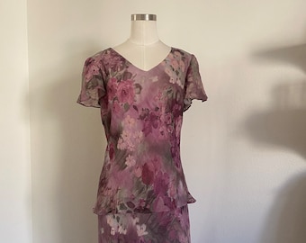 Vintage 90s Mauve Floral Water Color Summer Matching Set with Blouse and Skirt; 80s Krinkle Floral Fall Mini Dress Cute Flared Skirt L