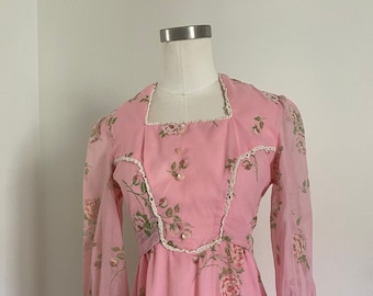 Vintage 60s Pink Voile Bohemian Maxi Dress Feminine Floral Empire Waistline; 70s Belted Long Sleeve Floral Spring Button Front Prairie Dress