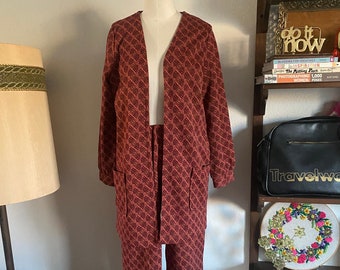 Vintage 70s Bold Fall Bohemian Mod Polyester Matching Set with Cardigan, Skirt, & Flared Pants; 70s Coordinating Set; 60s Retro Pantsuit