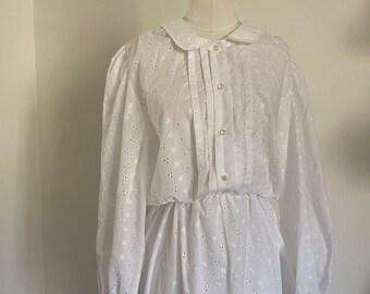 Vintage 70s Bohemian Eyelet White Folkloric Maxi Dress Peter Pan Collar Poofy Quarter Sleeves; 60s Feminine Daisy Gunne Sax Wedding Dress S