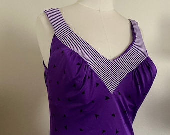 Vintage 80s Maxine of Hollywood One Piece Bathing Suit with Abstract Triangles and Stripes Purple & White; 90s Neon Swimsuit V-Neckline