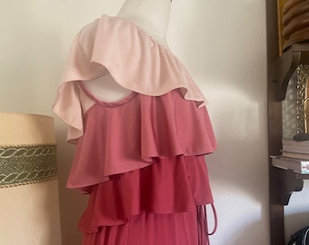 Vintage 60s Vicky Vaughn Mod Pink Ombre Tiered Ruffled Maxi Dress Off-the-Shoulder ; 70s Spring Mauve Cocktail/ Evening Wear Maxi Dress L