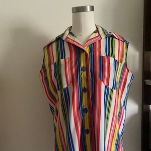 Vintage 70s Stretch Western Button Down with Vertical Stripes; 70s Retro Bright Southwestern Tie Front Striped Fall Vest L XL