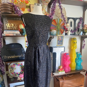 Vintage 60s Mod Lurex Holiday Cocktail Tank Dress with Matching Jacket; 50s Black Tinsel Matching Dress Set with Novelty Floral Print