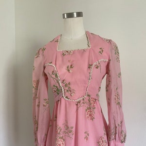 Vintage 60s Pink Voile Bohemian Maxi Dress Feminine Floral Empire Waistline; 70s Belted Long Sleeve Floral Spring Button Front Prairie Dress