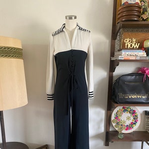 Vintage 60s Mod Striped Sailor Like Black and White Jumpsuit with Cullotte Pants; 70s Funky Bright Bold Polyester Long Sleeve Jumpsuit