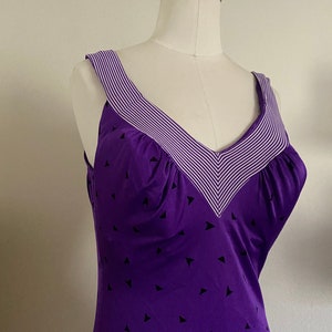 Vintage 80s Maxine of Hollywood One Piece Bathing Suit with Abstract Triangles and Stripes Purple & White; 90s Neon Swimsuit V-Neckline