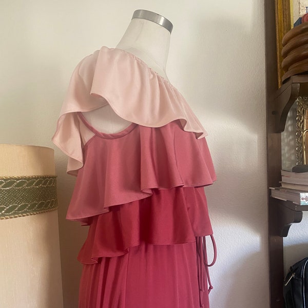 Vintage 60s Vicky Vaughn Mod Pink Ombre Tiered Ruffled Maxi Dress Off-the-Shoulder ; 70s Spring Mauve Cocktail/ Evening Wear Maxi Dress L