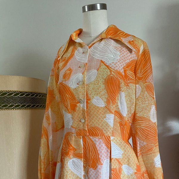 Vintage 60s Hostess Floral Tulip Summer Yellow and Orange Wingtip Maxi Dress; 60s Cotton Hostess Dress; 60s Julie Miller Maxi Flared Skirt L