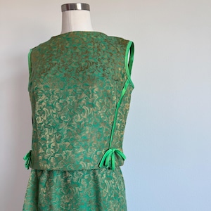 Vintage 50s Bold Brocade Green Gold Mod Embossed Tweed Matching Set Tank & Skirt; 60s Cocktail Holiday Coordinating Set; 60s Retro Skirt Set