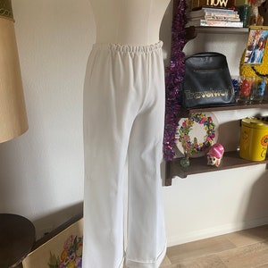Vintage 70s High Waisted Polyester White Trousers; Wide Leg Polyester Pants with Rolled Cuff; Vintage 70s Kick Flair Pants  M