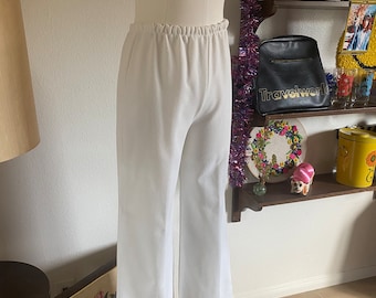 Vintage 70s High Waisted Polyester White Trousers; Wide Leg Polyester Pants with Rolled Cuff; Vintage 70s Kick Flair Pants  M