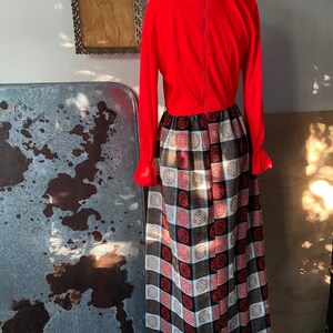 Vintage 60s Abstract Patchwork CheckerBoard Plaid Wool Maxi Dress with Bright Red Turtleneck Blouse 60s Holiday Christmas Wool Maxi Dress image 5