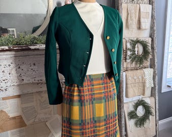 Vestido mini de tirantes con cuadros arcoíris, estilo años 60, con chaqueta corta verde bosque a juego; vestido de tirantes a cuadros mostaza de invierno de los años 60 con abrigo, talla S