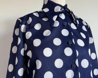 Vintage 70s Bold Polka Dot Print Navy White Mod Polyester Matching Set Blazer & Flared Pants; 60s Coordinating Set; 60s Retro Pantsuit