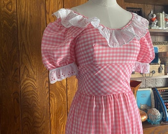Vintage 60s Mod Maxi Dress Gingham in Pink & White with Eyelet Bib Trim; 60s Spring Plaid Picnic Print Cotton Dress, 70s Gingham Dress S