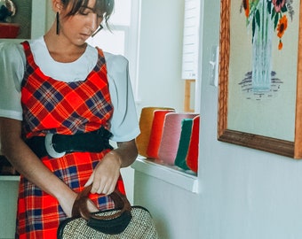 vintage années 70 Argyle / Plaid Maxi Robe; Robe Maxi à carreaux rouge, violet et jaune; Robe Maxi de vacances A-line