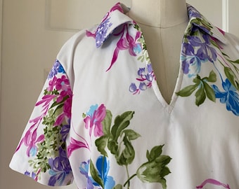Vintage 60s Psychedelic Short Sleeve Floral Blouse with Wingtip Collar; 70s Fuschia, Lime Green, and Blue Floral Polyester Blouse M L