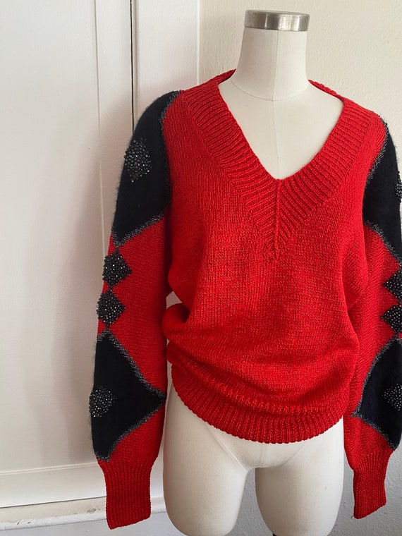 Vintage 80s Oversized Holiday Red  Knit Lurex Swe… - image 7