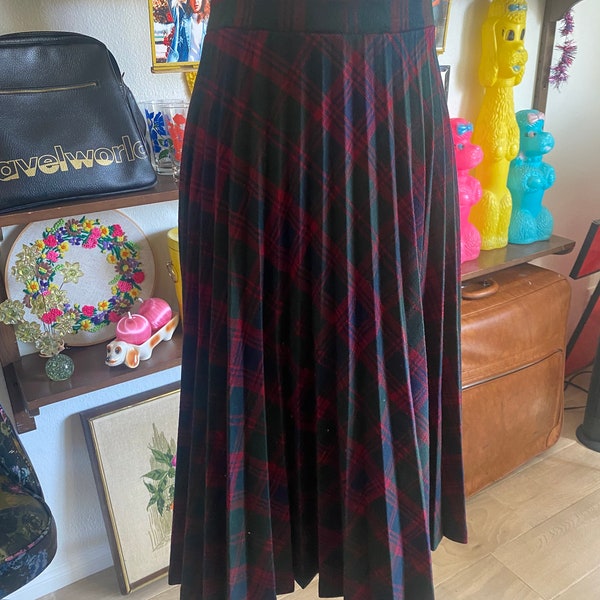 Vintage 60s Red and Green Plaid Pleated Holiday Midi Skirt; 60s Nostalgic Wool Holiday Circle Maxi Pleated Skirt with Stripes M; Christmas