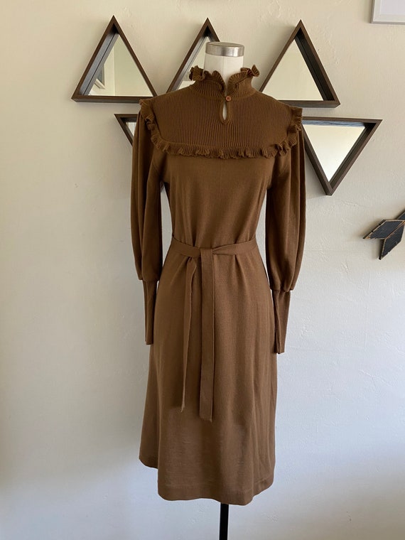 Vintage 70s Knit Sweater Dress with Ruffled Mockne