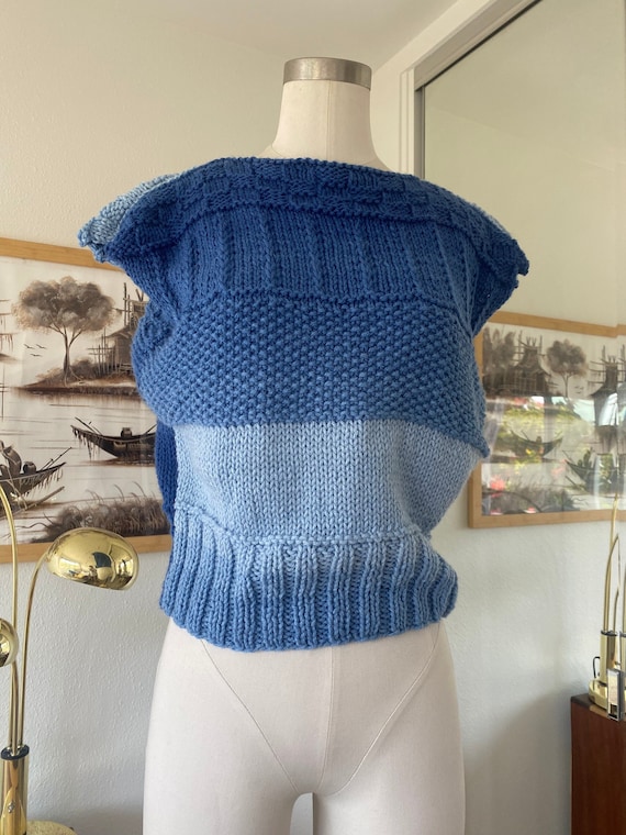 Vintage 70s Stretch Knit Blue Ombre Top Short Sle… - image 1
