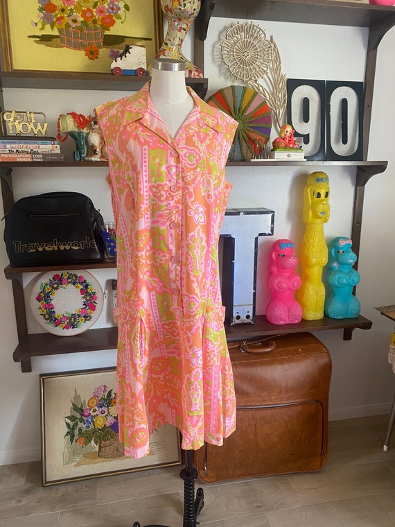 Vintage 60s Psychedelic Day Glo Daisy Dropwaist S… - image 9