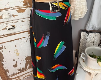 Vintage 70s Novelty Fit and Flare Black Rainbow Skirt; 60s Mod Brustroke Belted Skirt; 70s Spring Polyester Solid Circle Skirt L