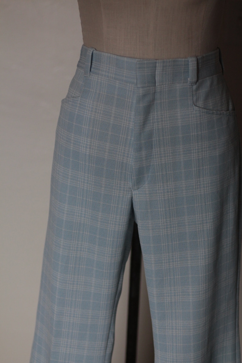 70s Vintage High Waisted Plaid Trousers; Wide Leg Polyester Pants; Vintage Light Blue and White Plaid Trousers