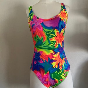 Vintage 80s 90s Pacific Connections One Piece Bathing Suit with Abstract Neon Florals; 80s Tropical Neon Swimsuit Plunging Neckline & Back