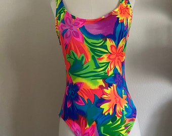 Vintage 80s 90s Pacific Connections One Piece Bathing Suit with Abstract Neon Florals; 80s Tropical Neon Swimsuit Plunging Neckline & Back