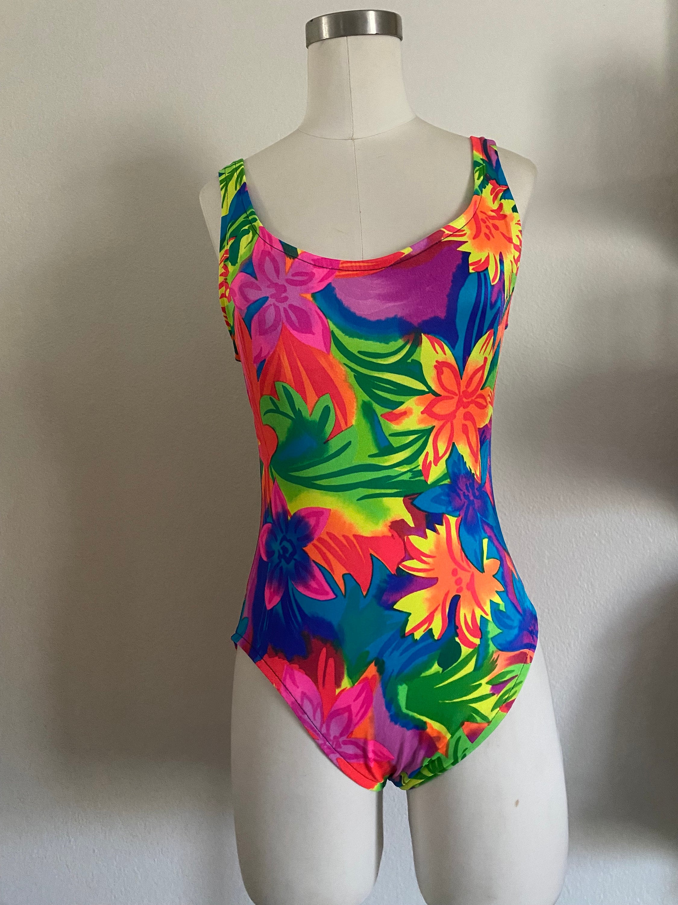 Vintage 90s Floral One Piece Swimsuit /// Retro 1990s Roxanne Colorful Built  in Bra Open Back Bathing Suit 